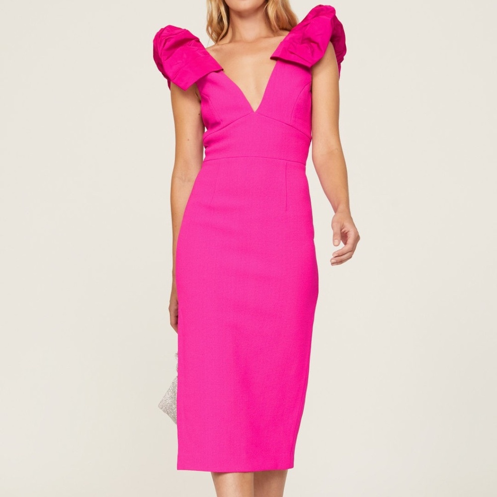 Rebecca Vallance Cupid's Bow Midi Dress in Hot Pink, US 4/UK 8